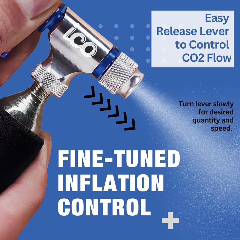 ICO CO2 Bike Tire Inflator Set with CO2 Inflator and 10pcs of 16g Threaded CO2 Cartridges, for Both Presta and Schrader Valves, CO2 Bike Pump for MTB & Road Bikes and CO2 Cartridges Food Grade - Image 4
